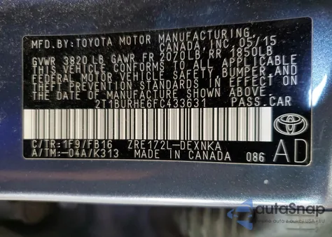 2015 Toyota Corolla L из США, поврежденный, VIN 2T1BURHE6FC433631